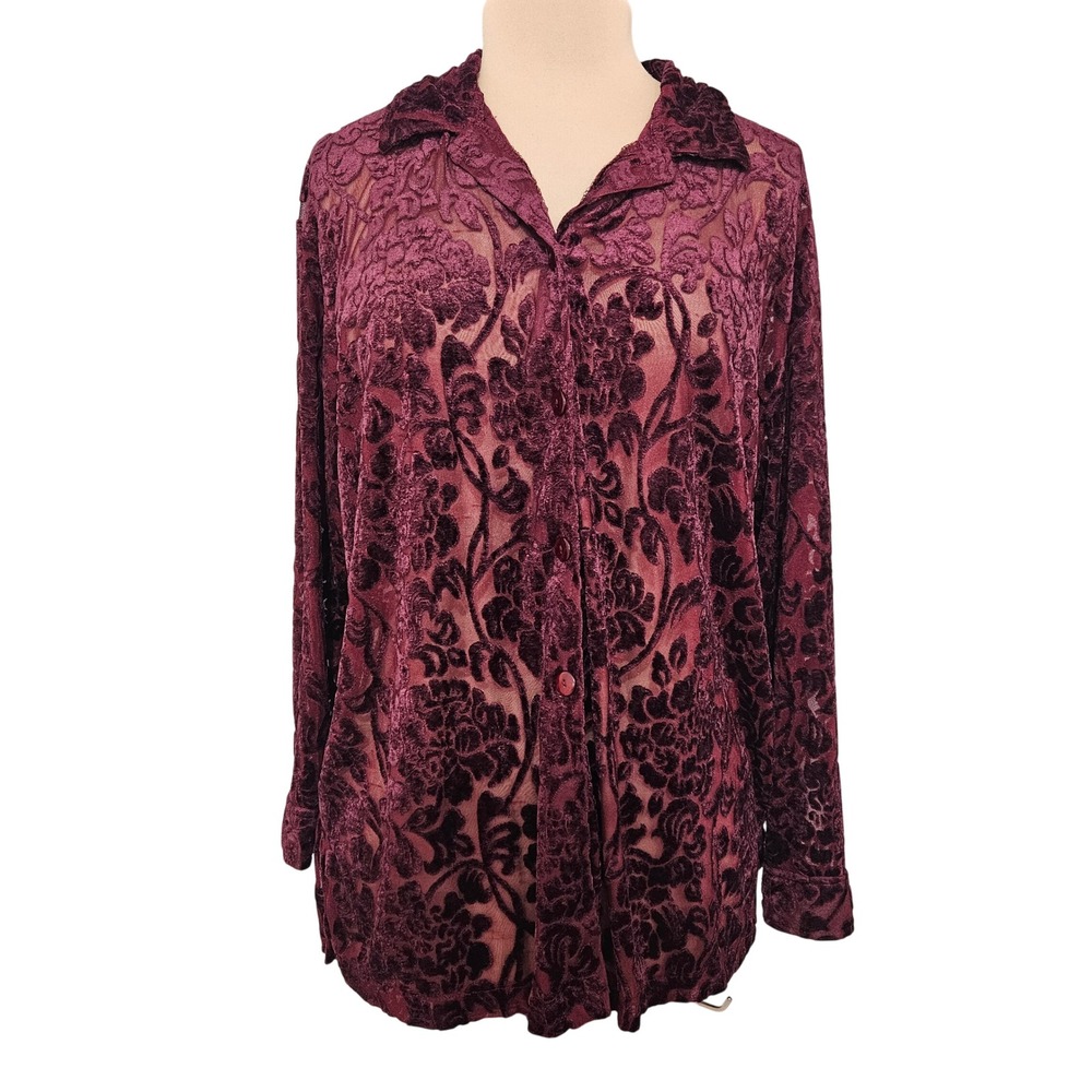 Carolina Colours Womens Burnout Velvet Floral Mesh Button Up Shirt Burgundy L/XL